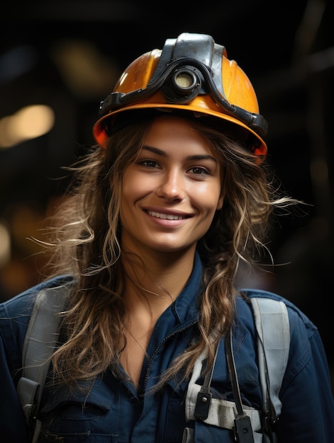 Portret kobiety robotnicy przemysłowej w kasku pozującej do zdjęcia