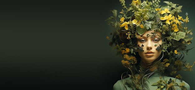 Portret kobiety, rośliny rosnącej jak zielone liście tedrilu, łączą się ze świadomością natury