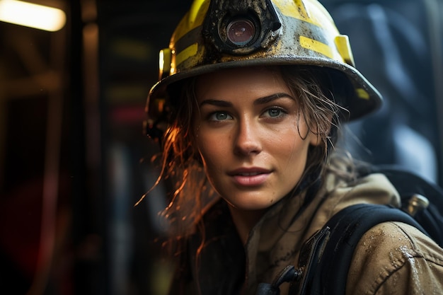 portret kobiety-strażaka ubranej w pełny sprzęt i sprzęt ratunkowy zdejmujący tlen
