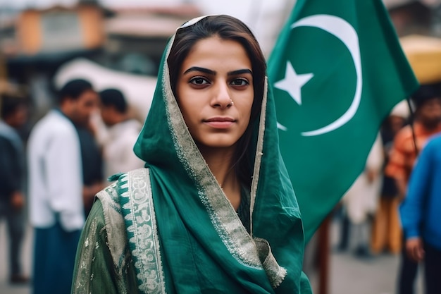 Portret kobiety trzymającej flagę Pakistanu w ręku na świeżym powietrzu