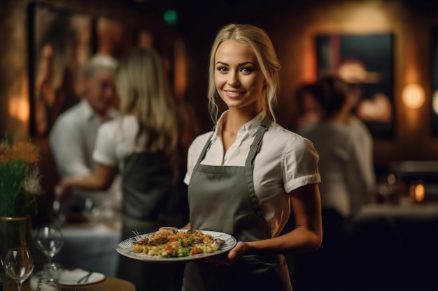 Portret kobiety uśmiech kelner jedzenie w pomieszczeniu stojąca praca szczęśliwa restauracja trzymająca generatywną sztuczną inteligencję