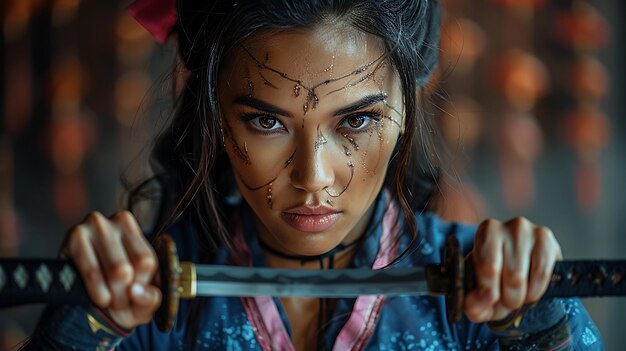 Zdjęcie portret kobiety w chińskim kostiumie wojownika ninja