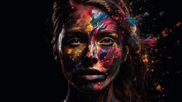 Portret kobiety w eksplozji abstrakcyjna farby wielokolorowej na czarnym tle Generatywne ai