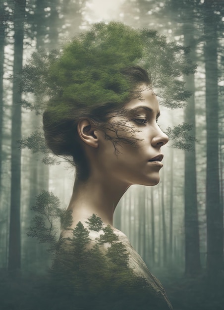 portret kobiety w lesieportret kobiety w lesiepiękna kobieta z podwójną ekspozycją