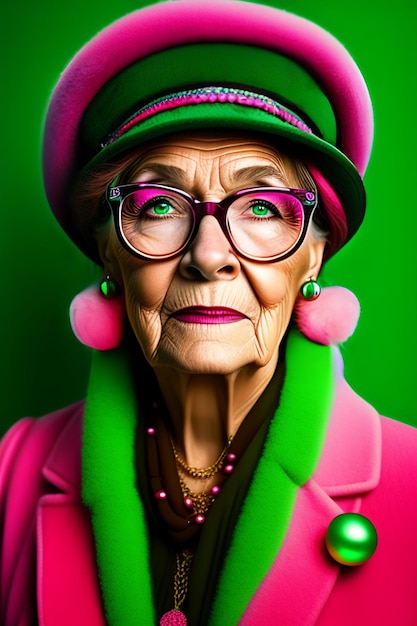 Zdjęcie portret kobiety w różowych okularach i zielonych oczach.