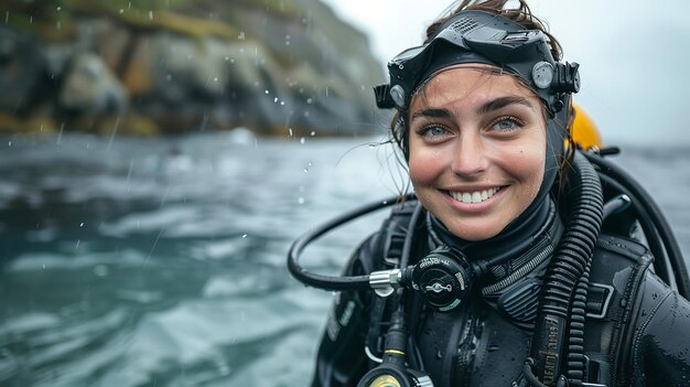 Portret kobiety w sprzęcie nurkowym i gumowym garniturze podwodnym pozującej przed morzem i górami z dużą przestrzenią dla tekstu lub produktu Generatywna sztuczna inteligencja