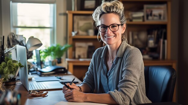 Portret kobiety w średnim wieku pracującej na laptopie i robiącej notatki w swoim domowym biurze. Utworzono za pomocą technologii Generative AI