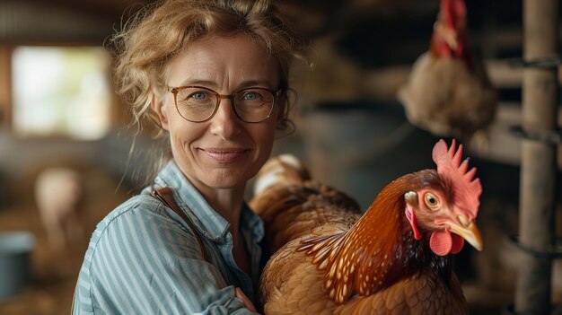 Zdjęcie portret kobiety w średnim wieku trzymającej kurczaka na kolanach przed swoją farmą z niewyraźnym tłem i przestrzenią dla tekstu lub produktu generatywna sztuczna inteligencja