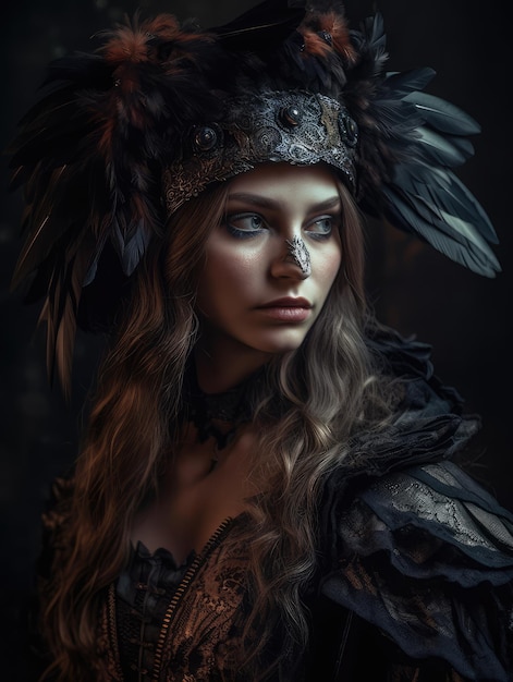 Portret kobiety z biżuterią z ptasich piór w ciemnej tonacji