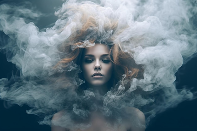Portret kobiety z efektem dymu otoczonym szarymi chmurami