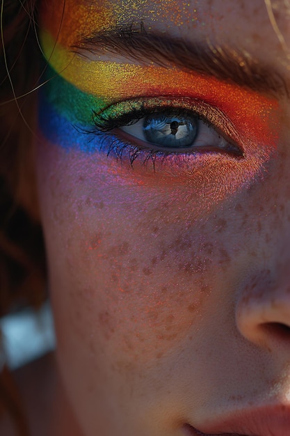 Portret kobiety z gejowską flagą namalowaną jako makijaż na oku