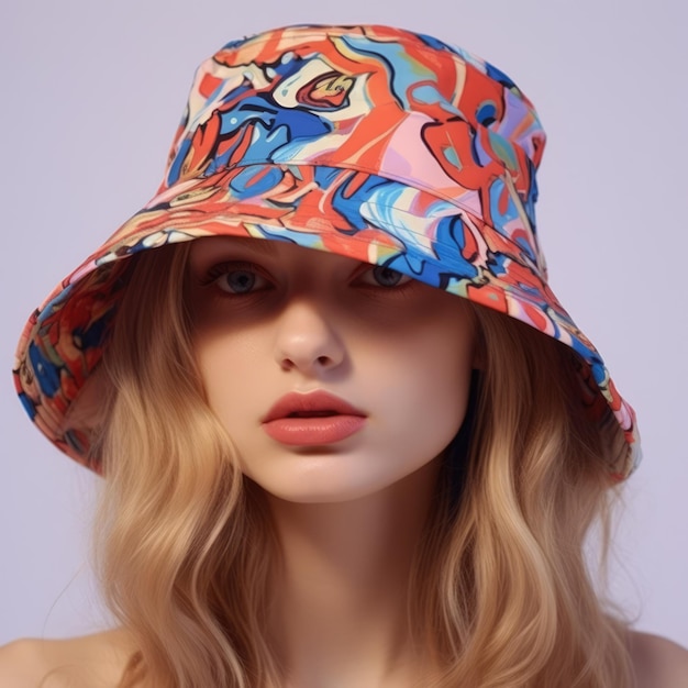 Portret kobiety z kapeluszem z kolorowym wzorem stworzonym przy użyciu generatywnej technologii sztucznej inteligencji