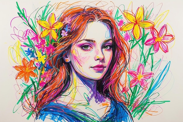 Zdjęcie portret kobiety z kwitnącymi wiosennymi kwiatami