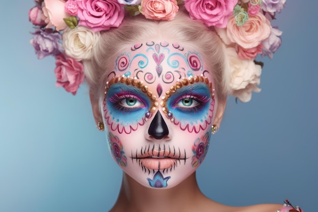 Portret kobiety z makijażem czaszki cukrowej na niebieskim tle kostium i makijaż Halloween Portret Calavera Catrina