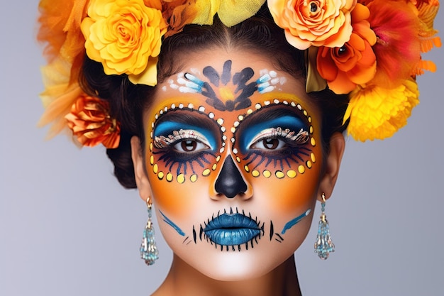 Portret kobiety z makijażem czaszki cukrowej na niebieskim tle kostium i makijaż Halloween