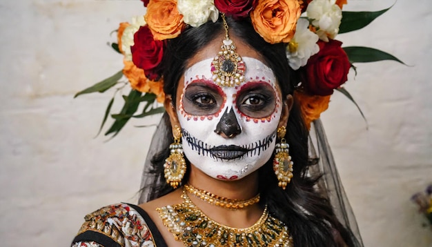 Portret kobiety z makijażem czaszki cukru na tle halloween