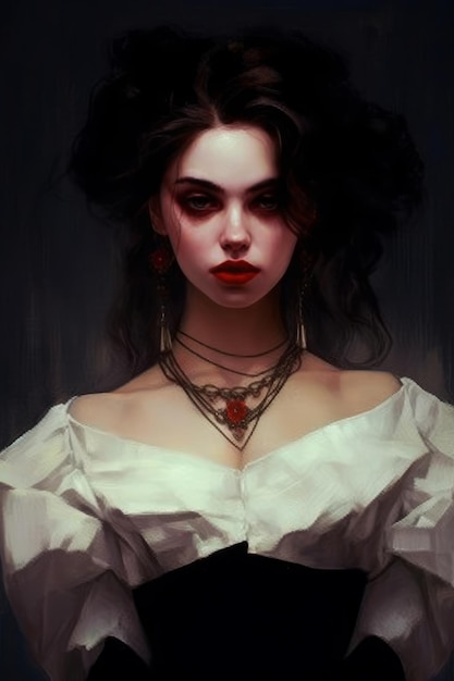 Portret kobiety z naszyjnikiem i czerwonym sercem na szyi.
