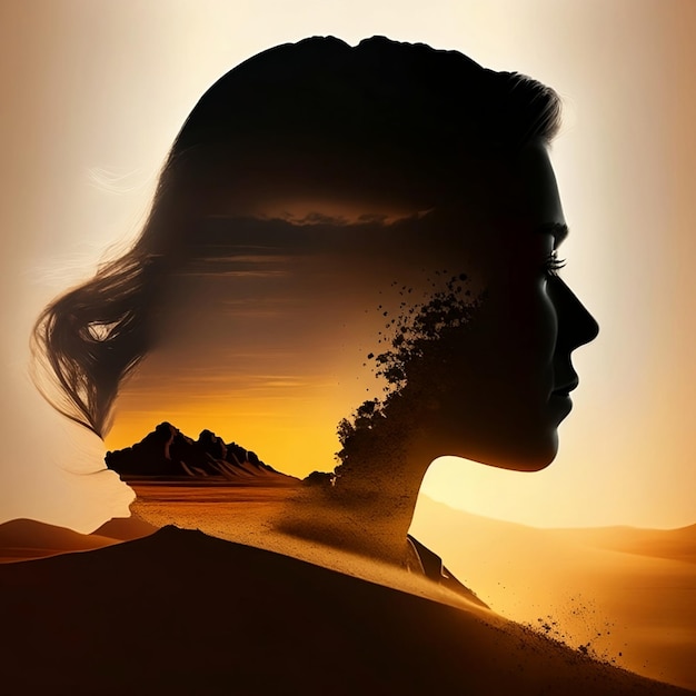Portret kobiety z podwójną ekspozycją i pustynią arabską i zachodem słońca