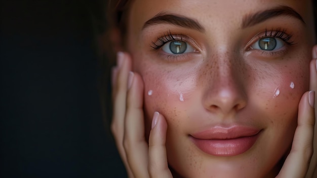 Portret kobiety z promieniującą skórą i błyszczącymi oczami intymne spokojne piękno uchwycone w studiu idealne dla wellness i kosmetyki AI