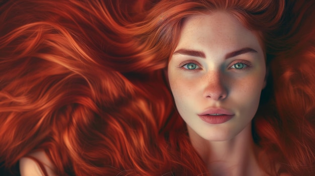 portret kobiety z rudymi włosami, strzał studyjny wygenerowany przez AI