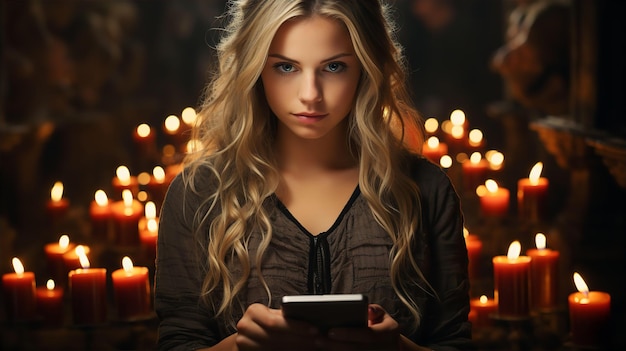 Portret kobiety z telefonem komórkowym w rękach na tle wielu świec w nocy