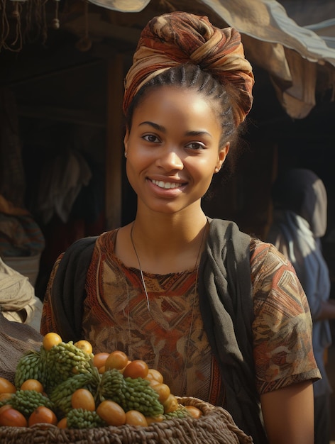 Portret kobiety z warkoczami przed rynkiem