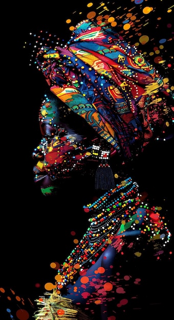 Portret kobiety Zulu w tradycyjnym nakryciu głowy z koralikami koszulka projekt sztuki tatuażu farby ramki
