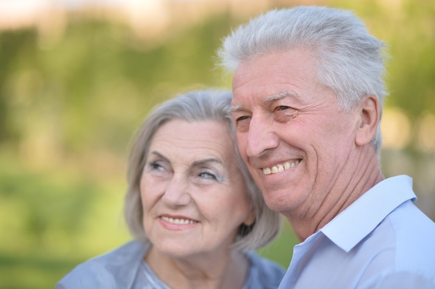 Portret kochającej starszej pary w letnim parku