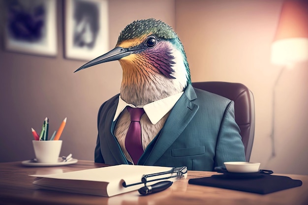 Portret kolibra w garniturze przy biurku generatywnym ai