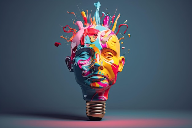 Zdjęcie portret kolorowej głowy oświetlonej jak żarówka, symbol aktywności umysłowej, inteligencji, kreatywności na ciemnym tle generative ai