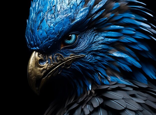 Portret kolorowej papugi w niebiesko-złotych piórach