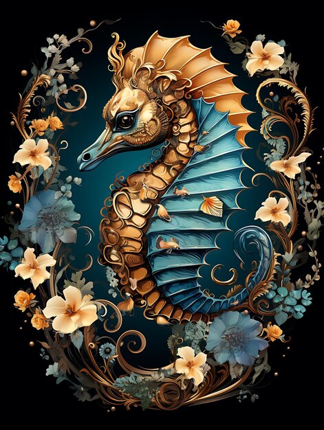 Portret konia morskiego noszącego ogony z wdzięczną pozą i uśmiechem Vintage Poster 2D Flat Design Art