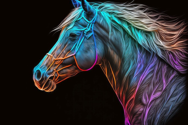 Portret konia w neonowych kolorach na ciemnym tle generatywna ai