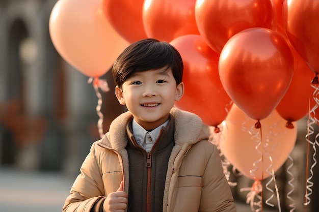 Portret koreańskiego chłopca z czerwonymi balonami AI Generative