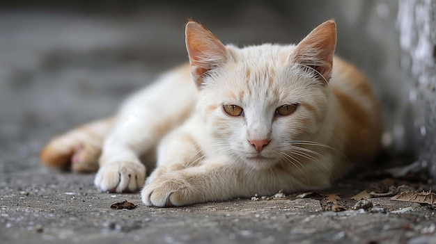 Zdjęcie portret kota albino z żółtymi oczami mieszkającego na ulicy