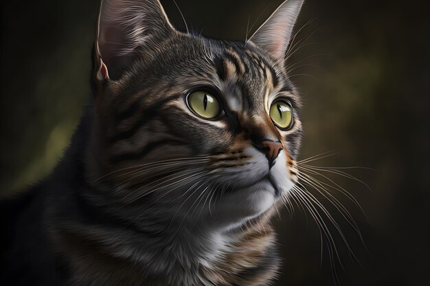 Portret kota domowego z pręgowanym futrem na zewnątrz z ciemnym tłem generowanej przez sieć neuronową sztuki
