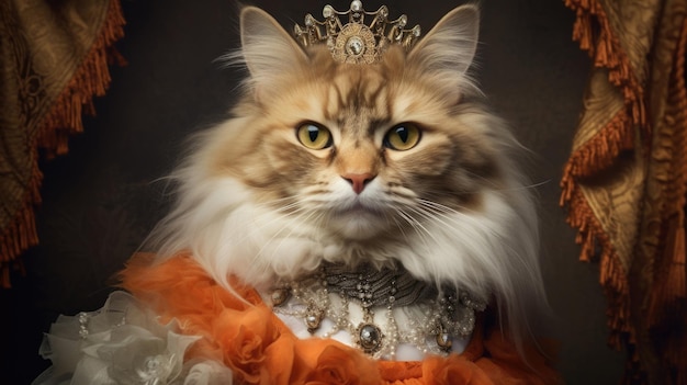 Zdjęcie portret kota królowej w stylu retro, historyczne bogactwo i luksus, wygenerowane przez sztuczną inteligencję rudowłosej