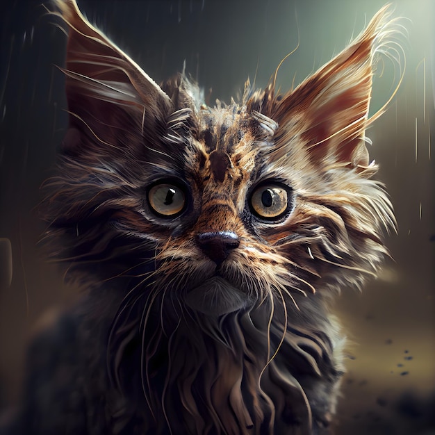 Zdjęcie portret kota maine coon z dużymi oczami w deszczu