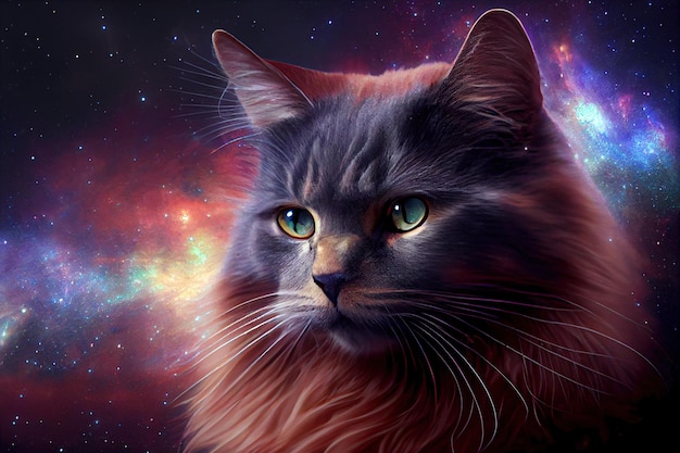 Portret kota na tle przestrzeni i gwiazd podwójna ekspozycja Ilustracja 3d Generative AI