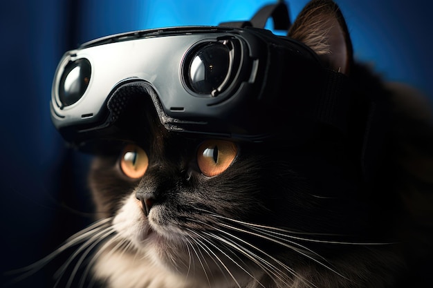 Portret kota noszącego zestaw słuchawkowy wirtualnej rzeczywistości w zbliżeniu Słodki kot noszący okulary wirtualnej rzeczywistości jest uchwycony w zbliżeniu podkreślającym koncepcję technologii AI Generated