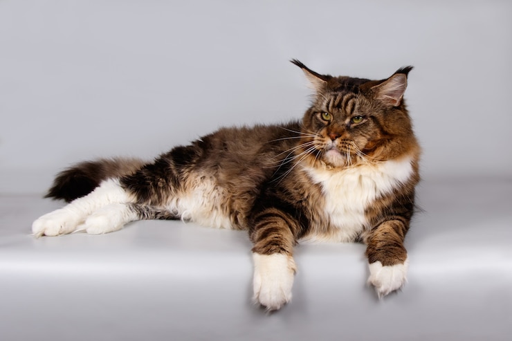Zdjęcie portret kota rasy maine coon na kolorowej ścianie