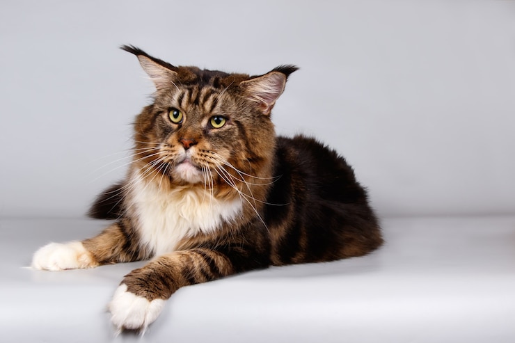 Zdjęcie portret kota rasy maine coon na kolorowej ścianie