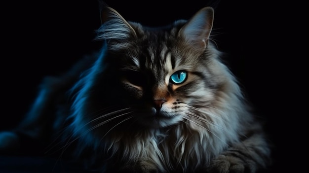 Portret kota rasy Maine Coon o niebieskich oczach na czarnym tlegenerative ai