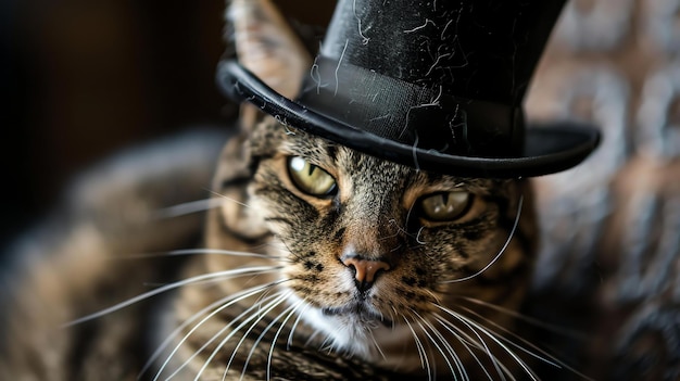 Portret kota w czarnym czapce. Kot patrzy na kamerę z ciekawym wyrazem twarzy.