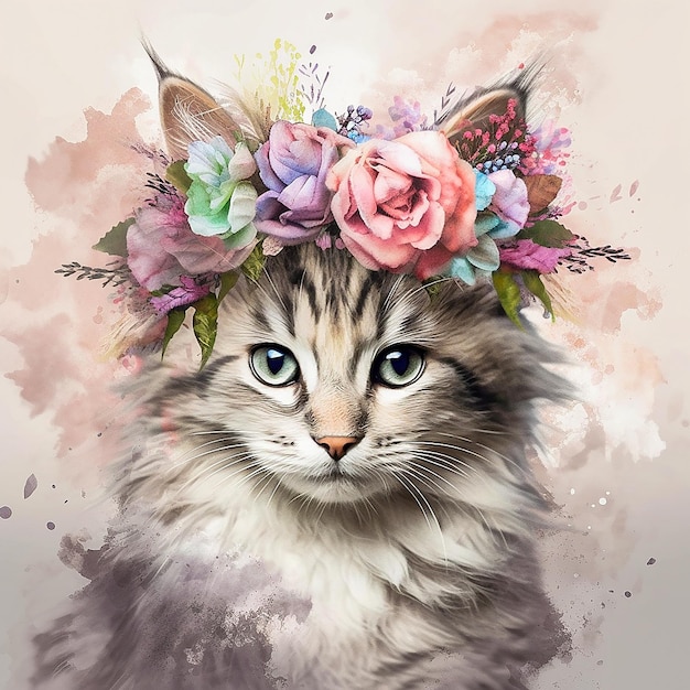 Portret kota z wieńcem kwiatów Cyfrowy obraz akwarelowy