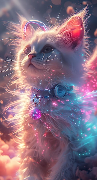 Portret kotka Ragdoll z holograficzną sukienką i świecącymi skrzydłami Dostęp do Cyber Poster Banner Flyer
