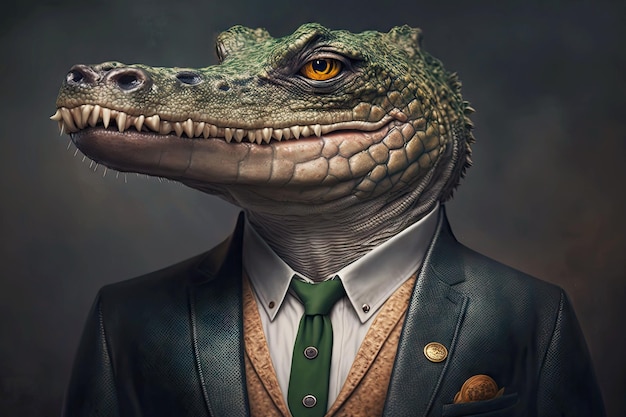 Portret krokodyla w drogim garniturze generatywnym ai