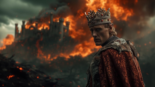 Portret króla na tle płonącego zamku na klifie Miasto w ogniu średniowieczny zamek schwytany i spalony przez wrogów Bitwa o Królestwo