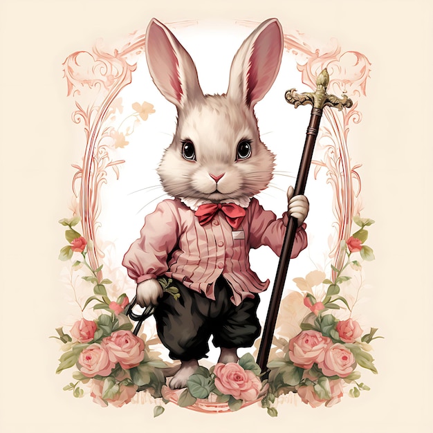 Portret królika trzymającego laskę z uroczą pozą. Plakat w stylu vintage 2D Płaska konstrukcja