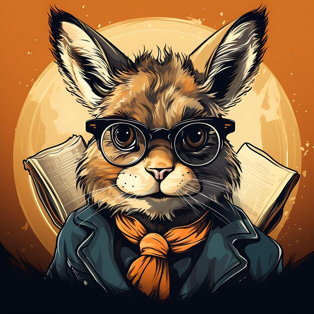 Portret królika w okularach z fajnym uczonym w pozycji R Vintage Poster 2D Flat Design Art
